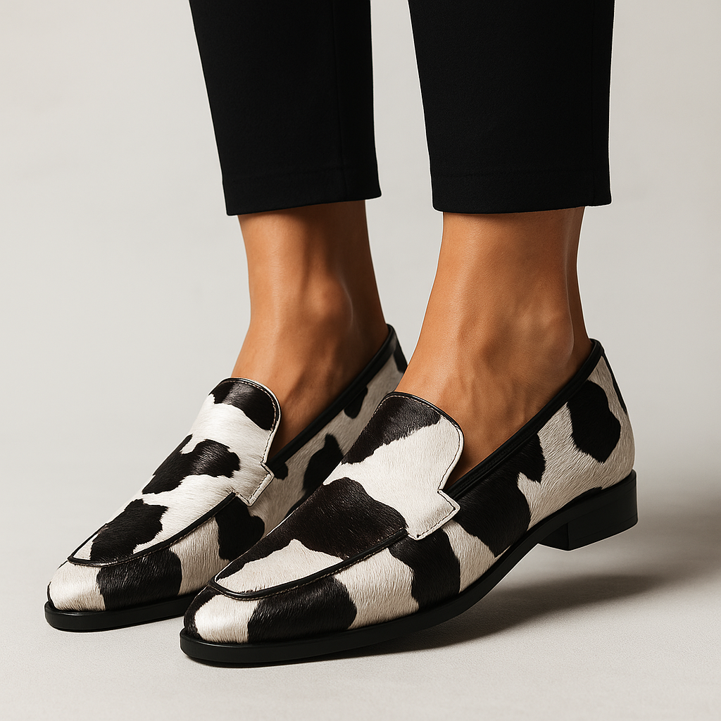 Juniper | Women's Cow Print Slip-On Loafers - Black/White - Image 1
