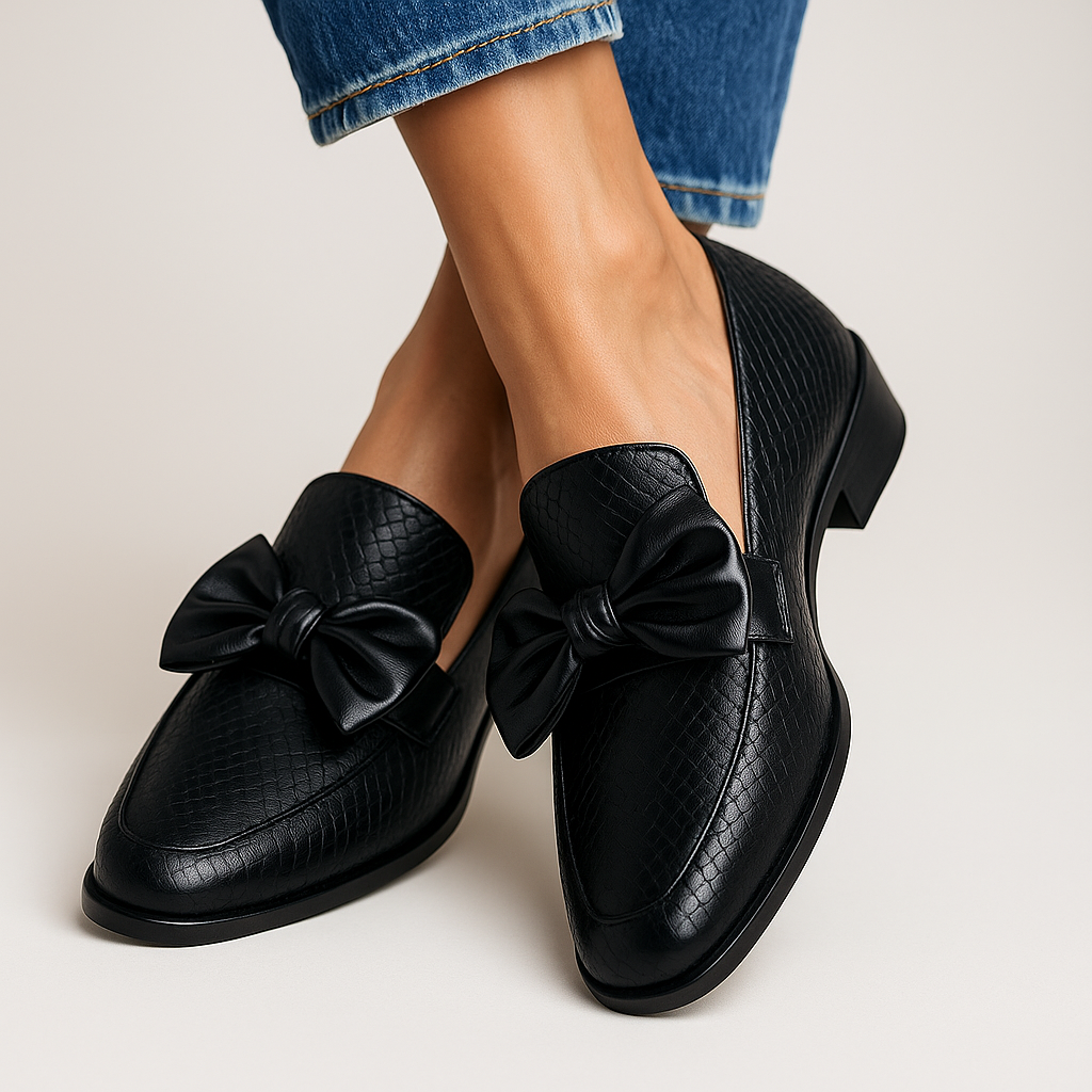 Jessica | Women's Bow Loafers Black Croc Slip-On Flats - Black - Image 1