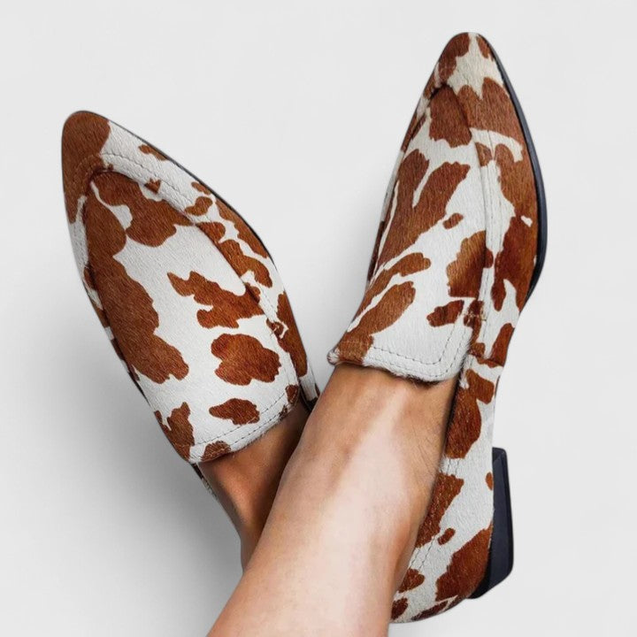 Joelle | Women's Cow Print Pointed Toe Loafers - Brown - Image 1
