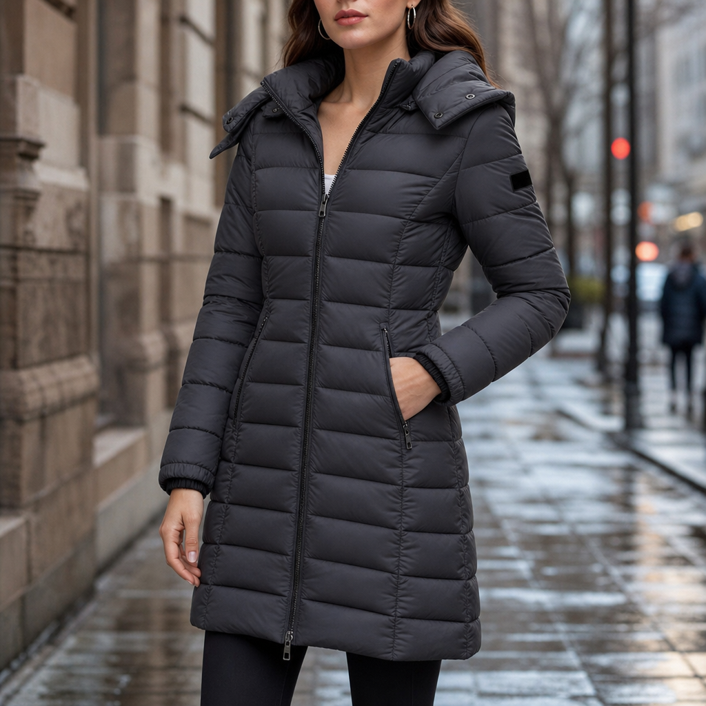 Belvaine | Women's Mid-Length Hooded Puffer Jacket - Dark Grey - Image 1