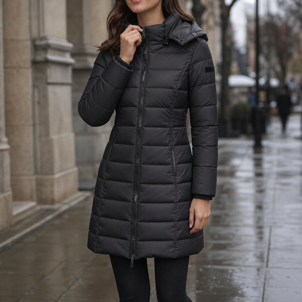 Belvaine | Women's Mid-Length Hooded Puffer Jacket - Dark Grey - Image 2