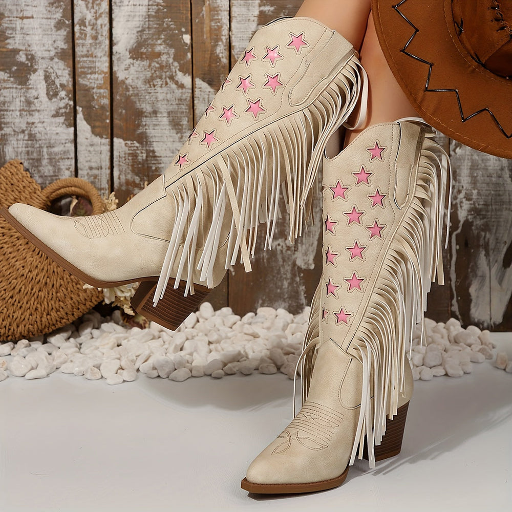 Beverley | Women's Knee-High Fringe Western Cowboy Boots - Beige - Image 2