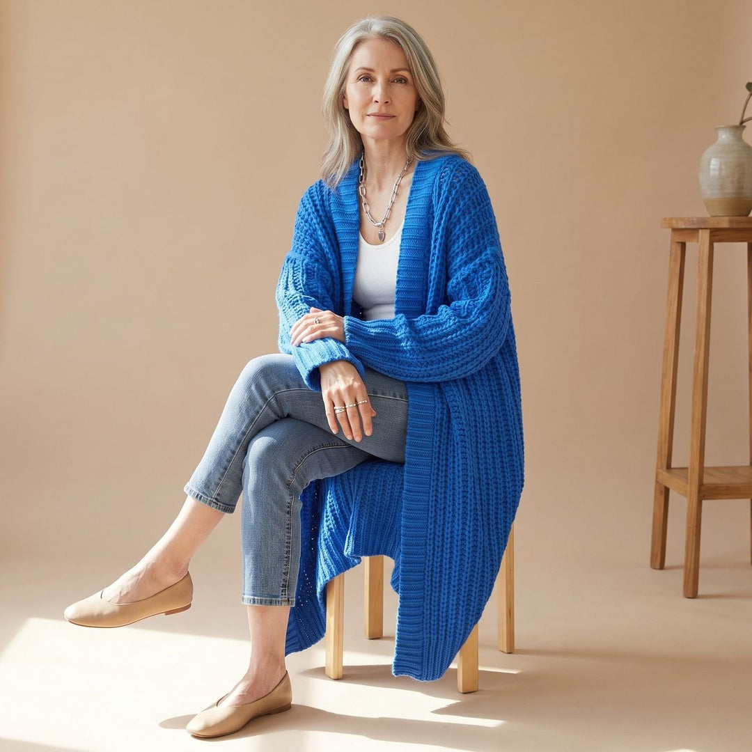 Brelvane | Women's Oversized Chunky Knit Cardigan Sweater - Royal Blue - Image 1