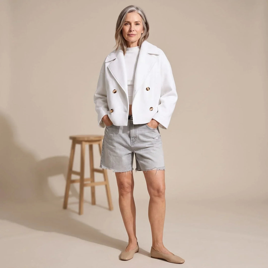 Brelvara | Women's Cropped Pea Coat Winter Jacket - White - Image 1
