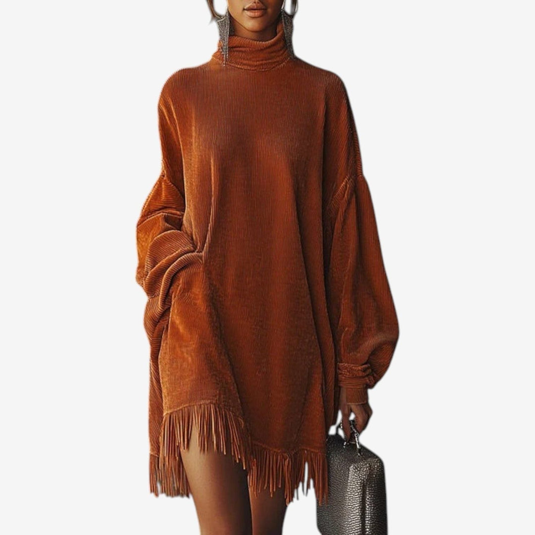 Brelvora | Women's Turtleneck Sweater Dress with Fringe - Brown - Image 1
