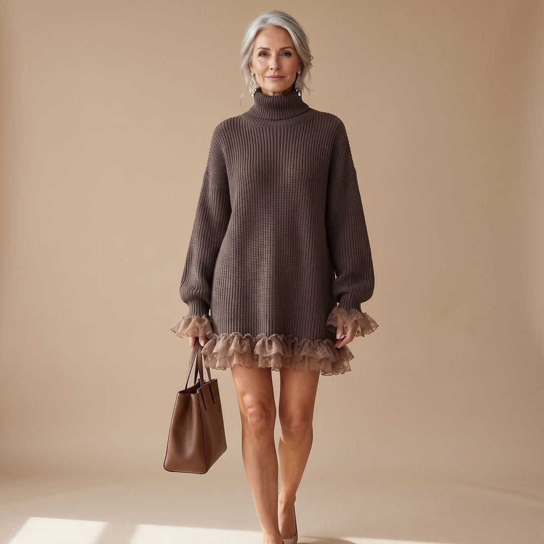 Brelvorn | Women's Oversized Turtleneck Sweater Dress - Brown - Image 1