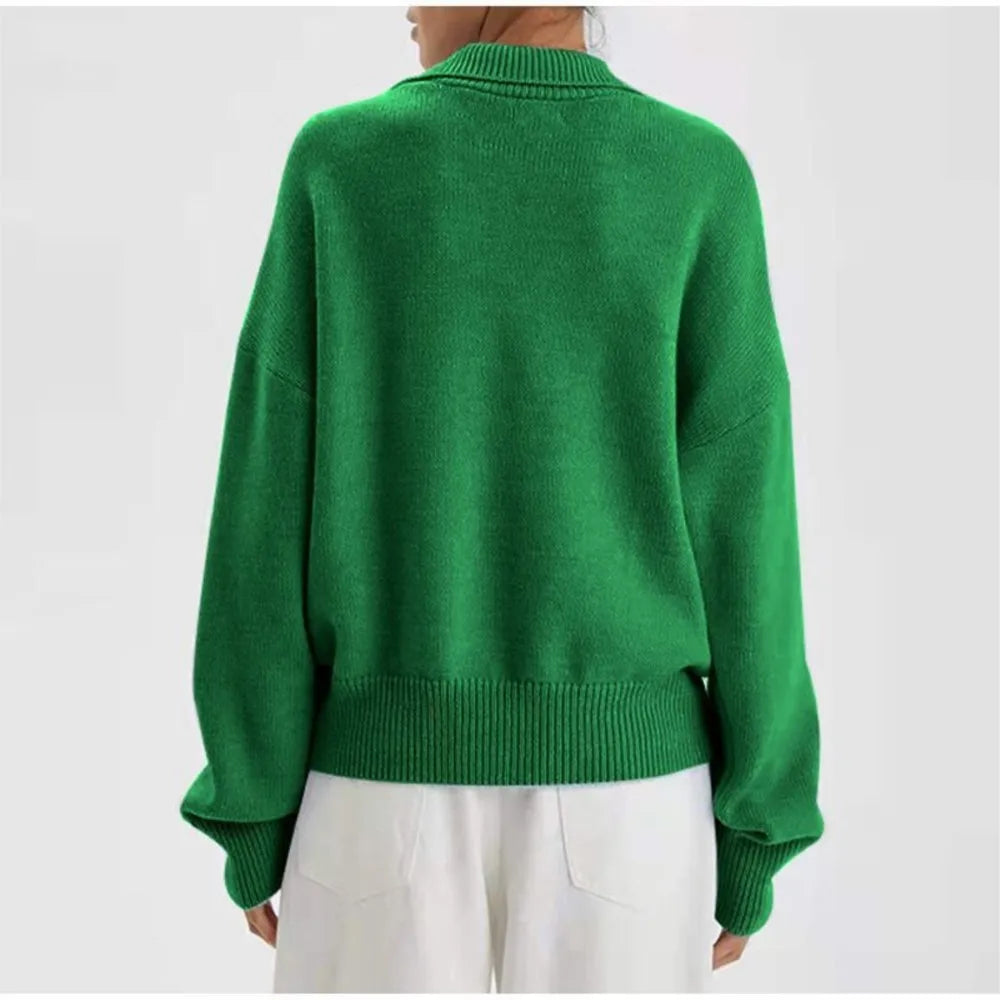Brelvoss | Women's Knit Polo Collar Sweater - Green - Image 2