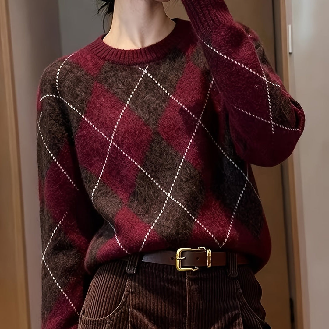 Brelwyn | Women's Argyle Knit Sweater Pullover - Burgundy - Image 1