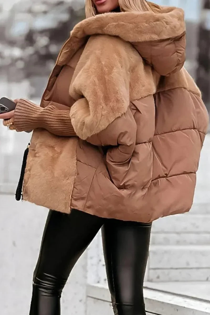 Brelwyn | Women's Hooded Faux Fur Puffer Jacket - Camel - Image 1