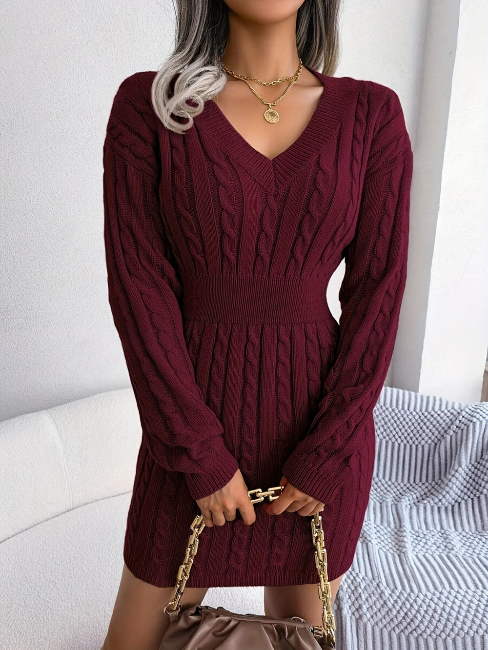 Brenara | Women's Cable Knit Sweater Dress - Burgundy - Image 2