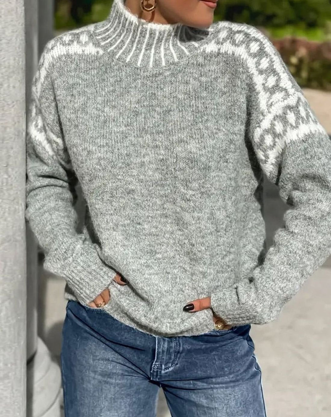 Brenolla | Women's Christmas Sweater Fair Isle Turtleneck - Light Grey - Image 1
