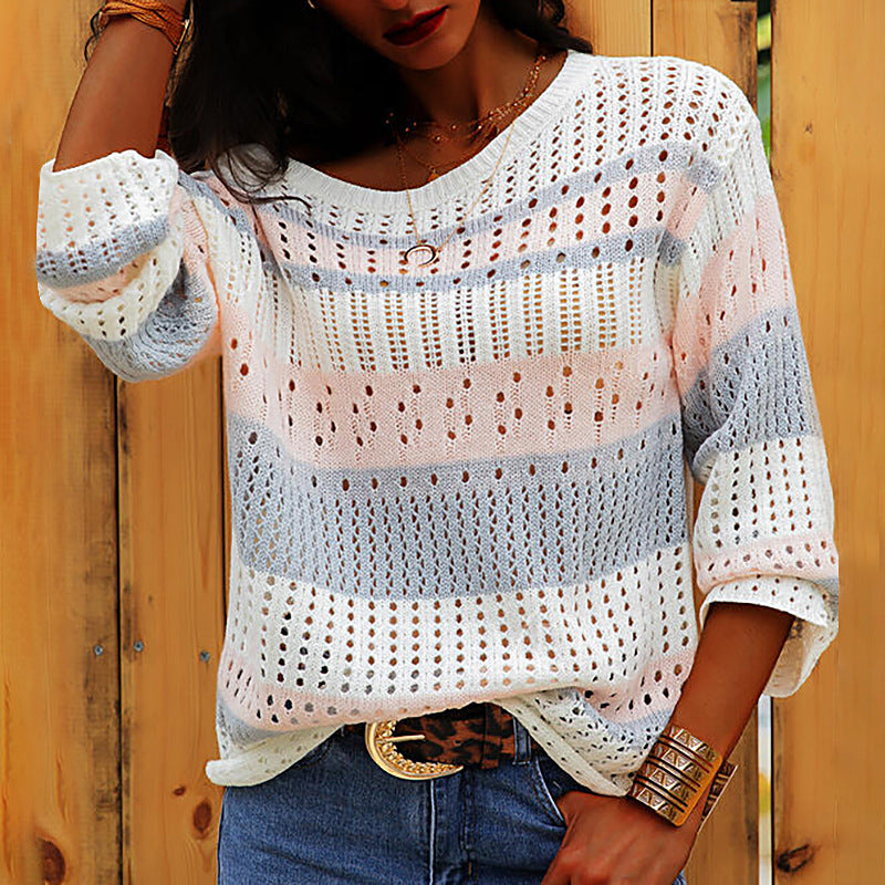 Brenova | Women's Open Knit Striped Pullover Sweater - Image 1