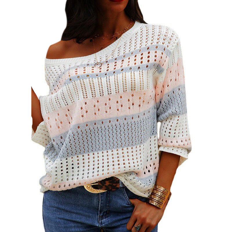 Brenova | Women's Open Knit Striped Pullover Sweater - Image 2
