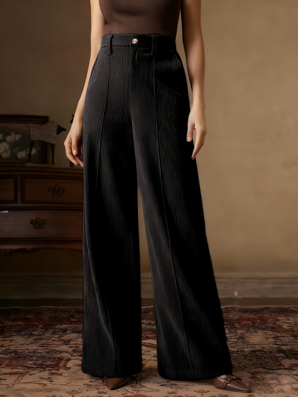 Brevaine | Women's High-Waisted Wide-Leg Trousers - Black - Image 2