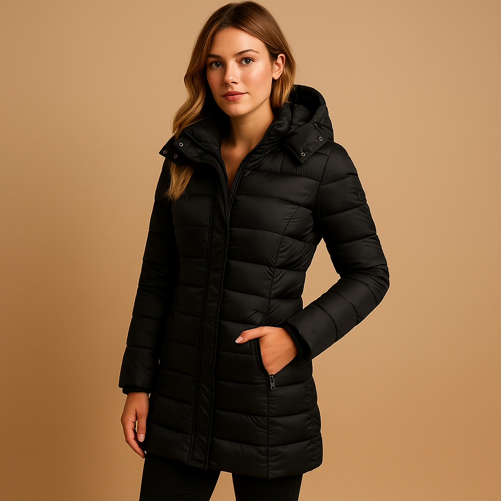 Brindal | Women's Mid-Length Hooded Puffer Coat - Black - Image 1