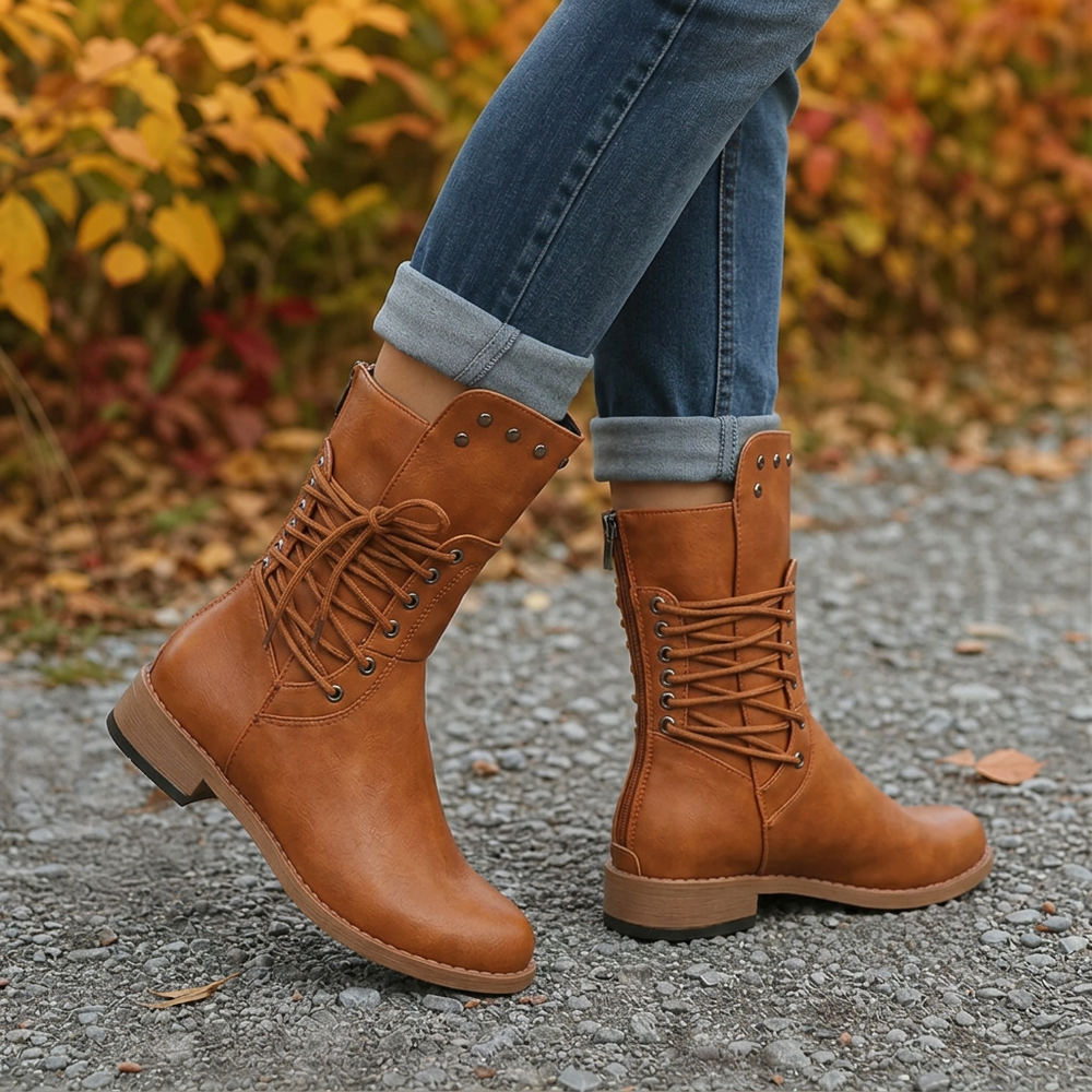 Brindara | Women's Lace-Up Mid-Calf Combat Boots - Camel - Image 2