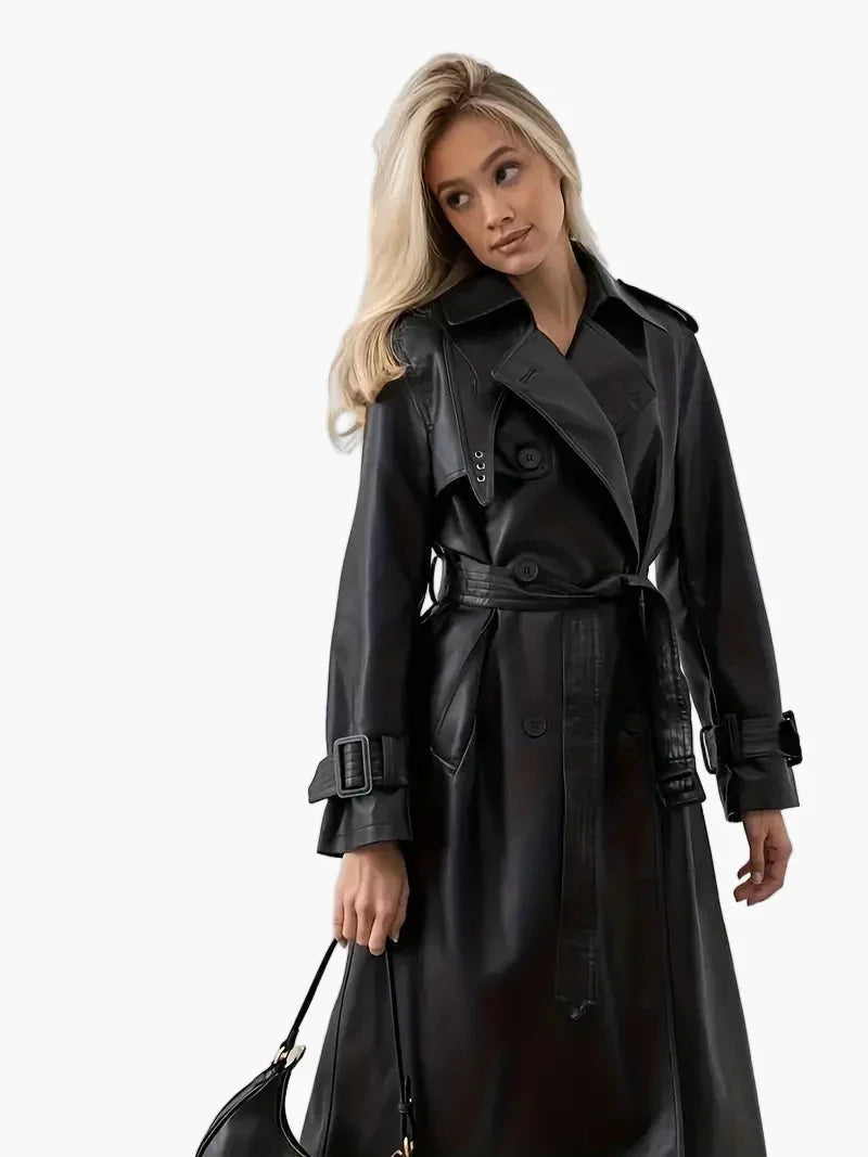Caldwyn | Women's Leather Trench Coat Belted - Black - Image 1
