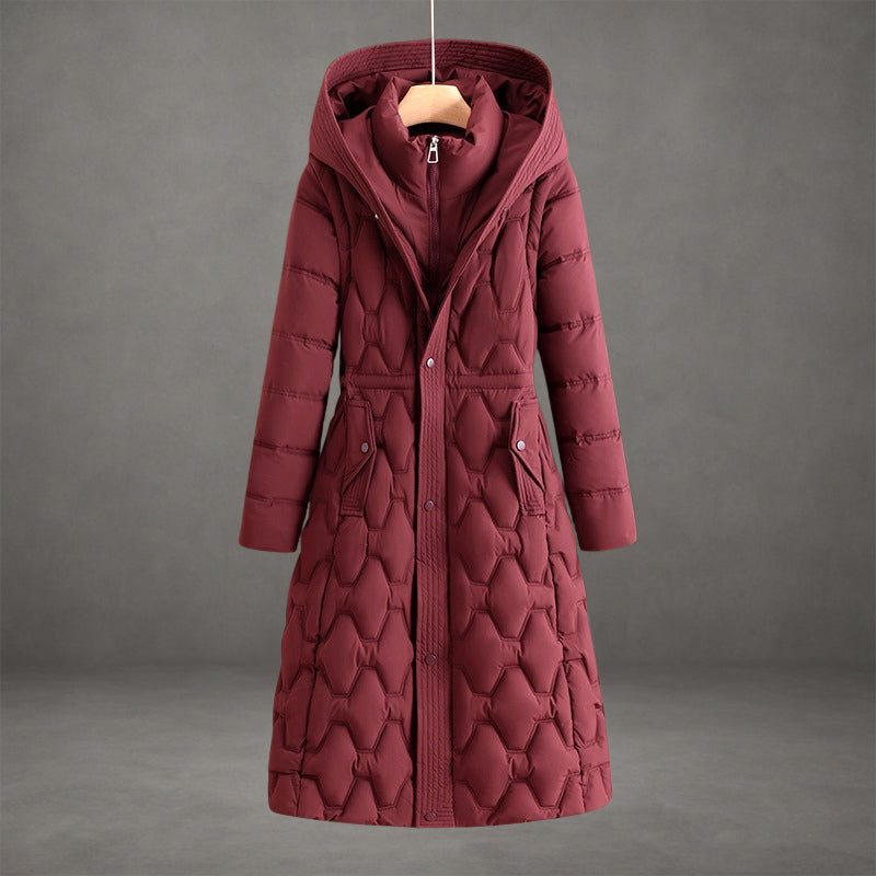 Calvenne | Women's Hooded Longline Quilted Puffer Coat - Burgundy - Image 1