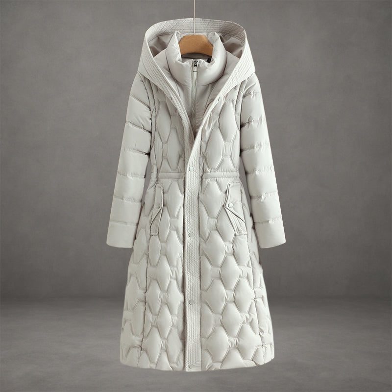 Calvenne | Women's Hooded Longline Quilted Puffer Coat - Burgundy - Image 2