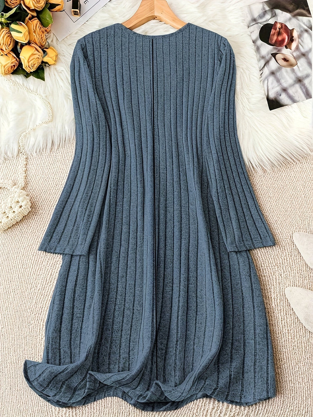 Calvenne | Women's Ribbed Knit Sweater Dress Button Front - Blue - Image 2