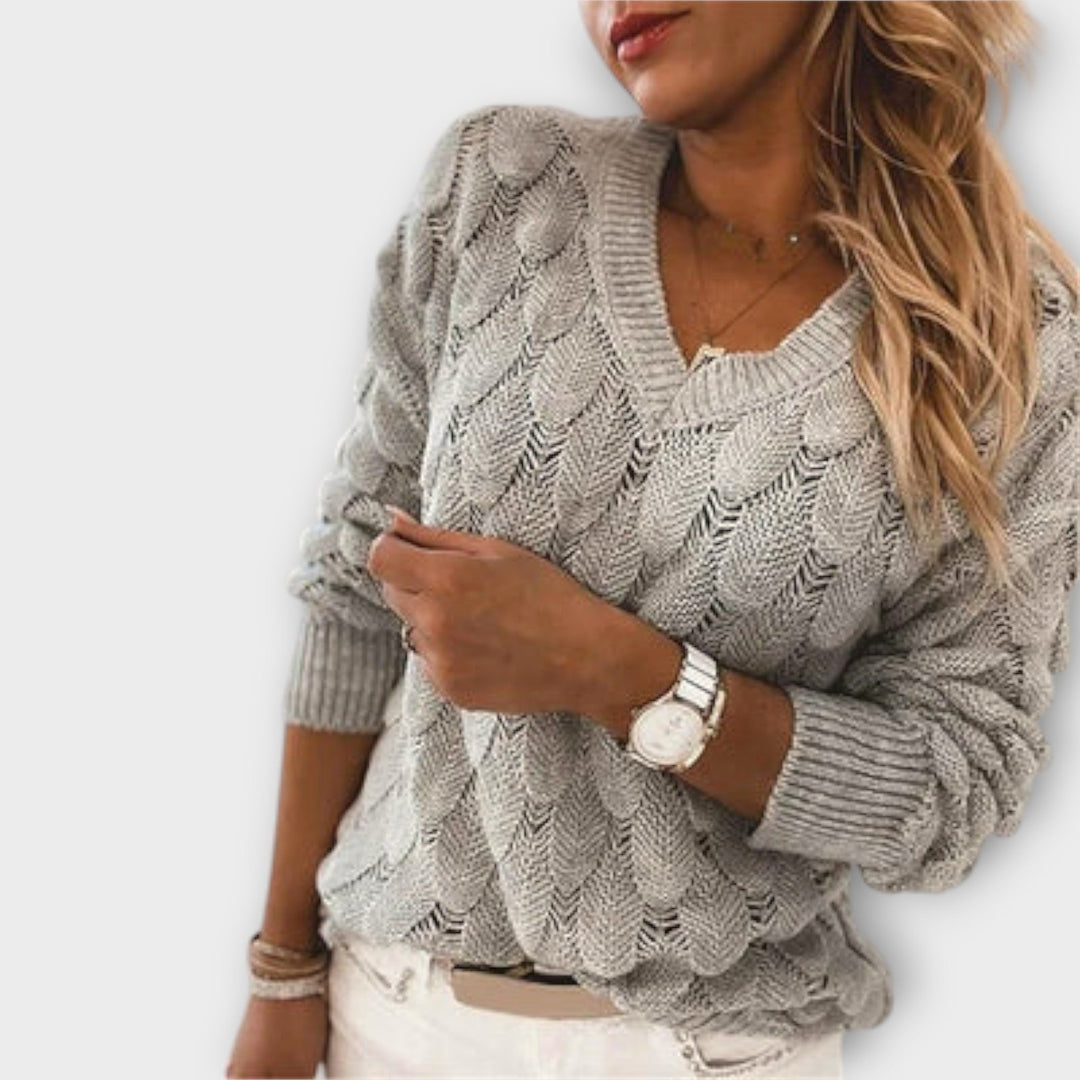 Calveth | Women's Cable Knit Sweater V-Neck Pullover - Light Grey - Image 1