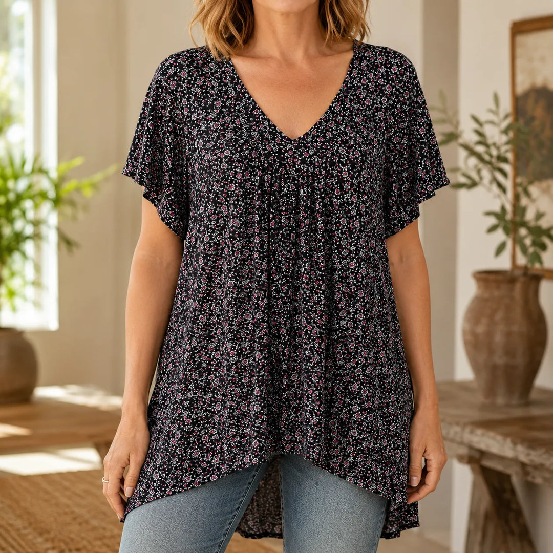 Calveth | Women's Floral Tunic Top Short Sleeve - Floral - Image 1