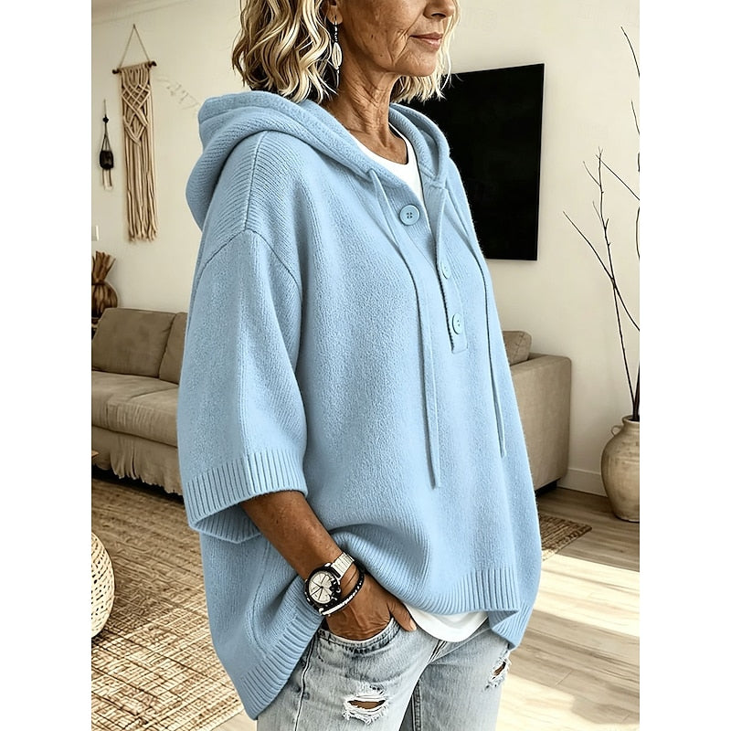Calveth | Women's Hooded Knit Sweater Relaxed Pullover - Light Blue - Image 2
