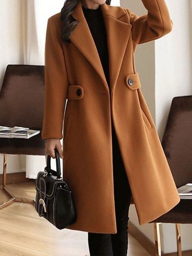 Calveth | Women's Long Wool Coat with Notch Lapel - Camel - Image 1