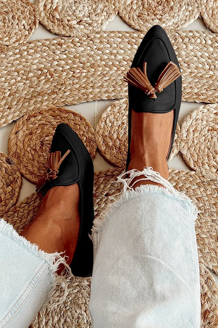 Calveth | Women's Pointed Toe Tassel Loafer Flats - Black - Image 1