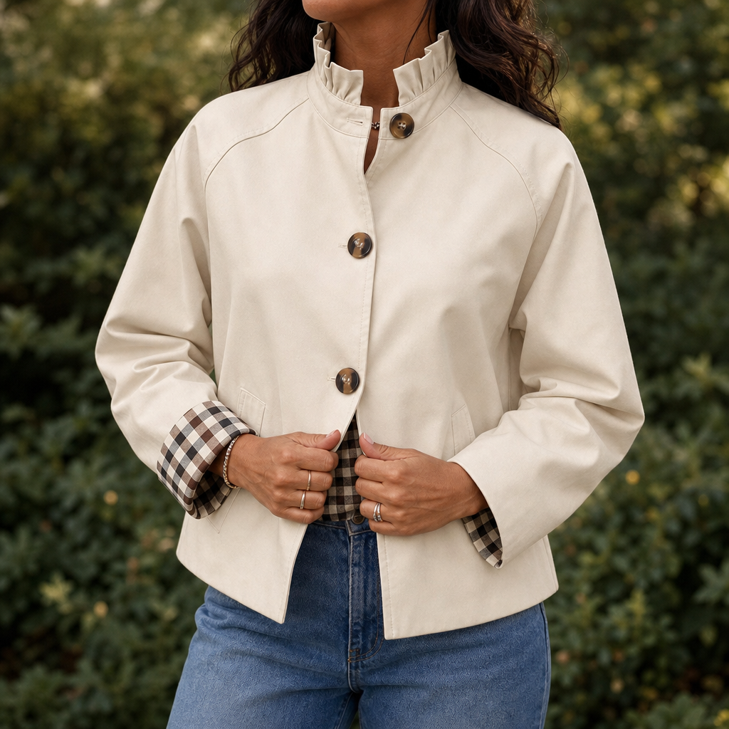 Calvette | Women's Short Trench Coat Ruffle Collar - Cream - Image 1