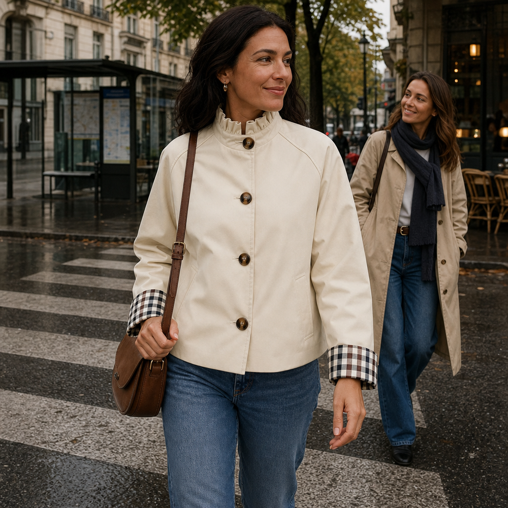 Calvette | Women's Short Trench Coat Ruffle Collar - Cream - Image 2