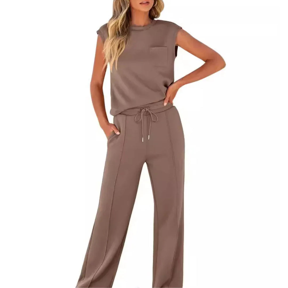 Calvindra | Women's Loungewear Set Cap Sleeve & Wide Leg Pants - Black - Image 2