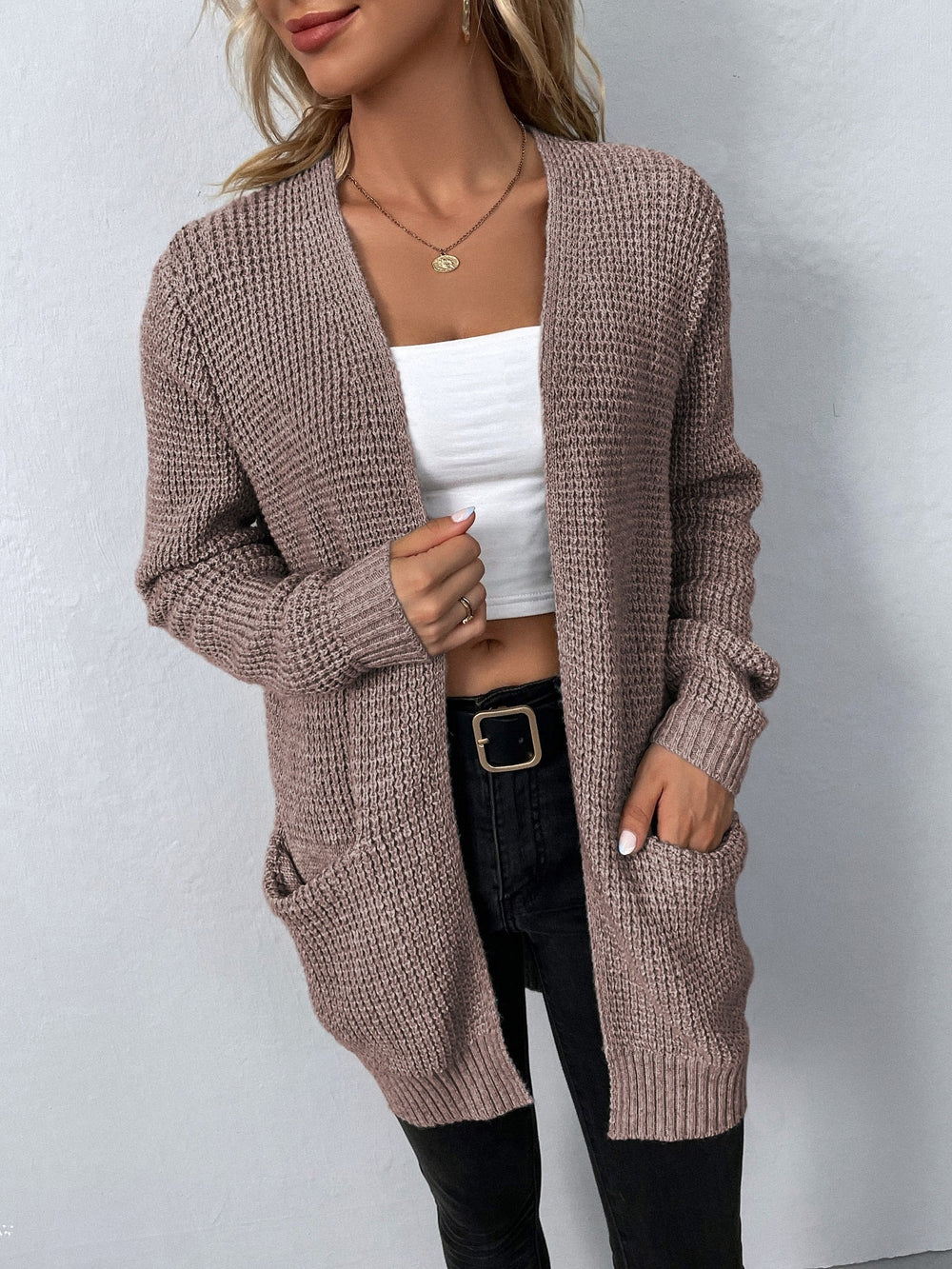 Calvine | Women's Open Front Cardigan Sweater - Light Grey - Image 2