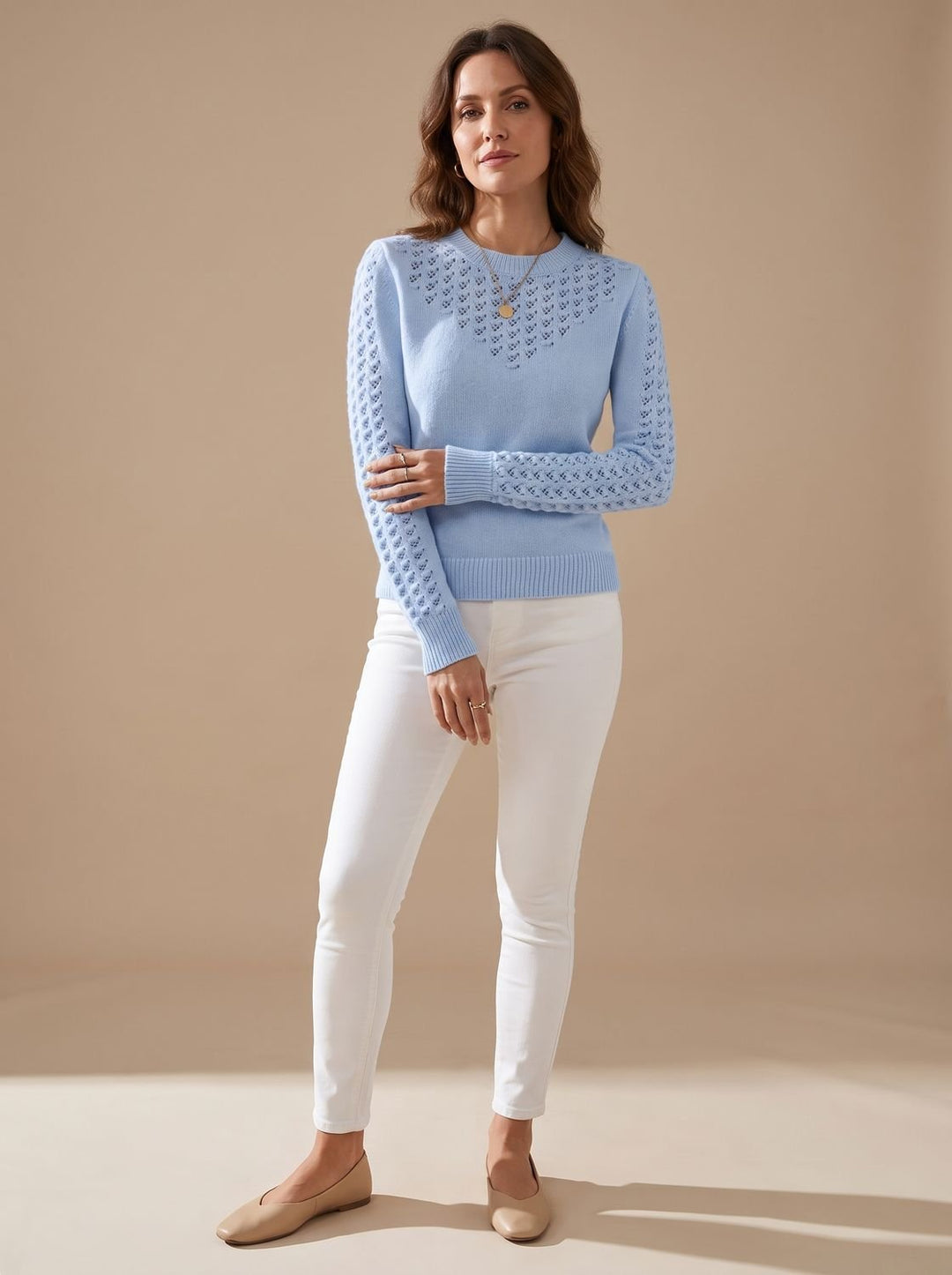Calvora | Women's Pointelle Knit Sweater Crew Neck - Light Blue - Image 1