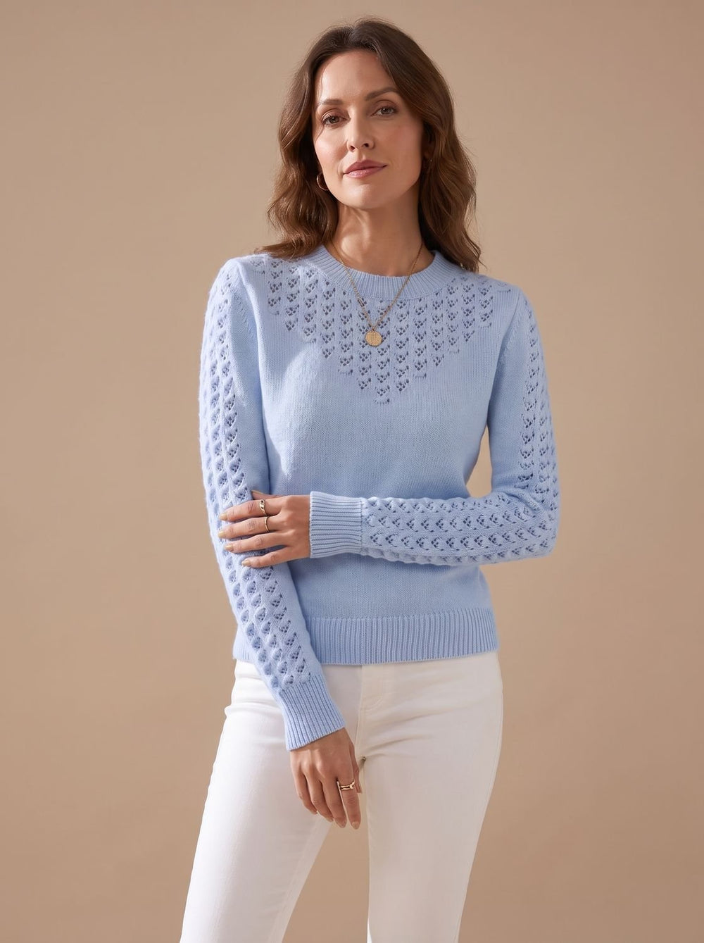 Calvora | Women's Pointelle Knit Sweater Crew Neck - Light Blue - Image 2