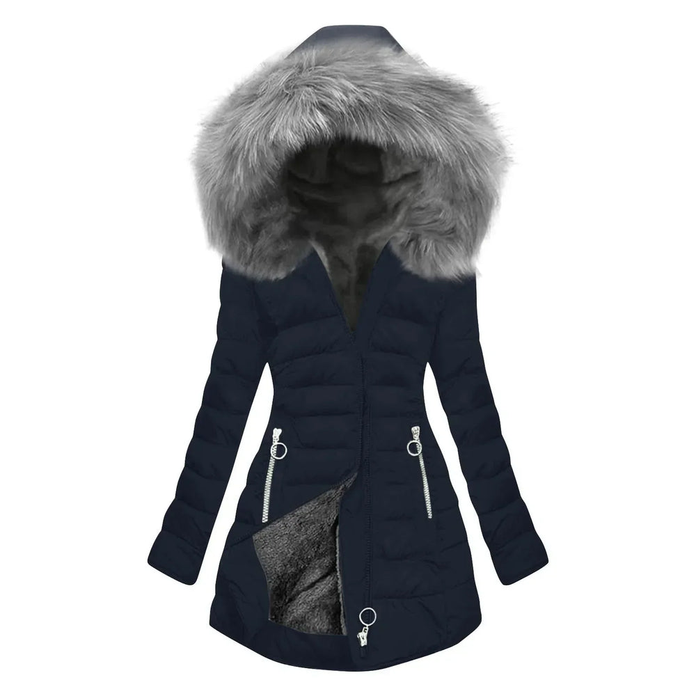 Calvorra | Women's Puffer Jacket Faux Fur Hood - Red - Image 2