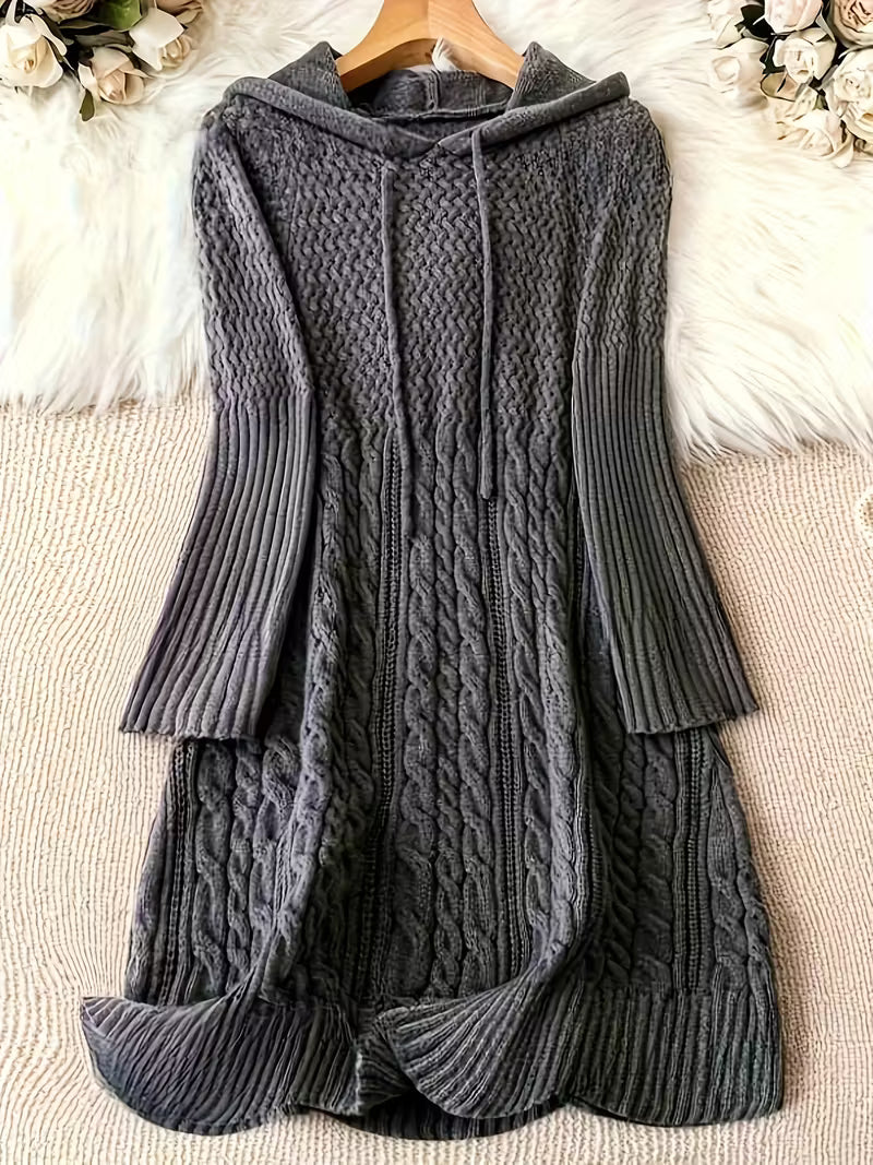 Cardwyn | Women's Hooded Cable Knit Sweater Dress - Dark Grey - Image 1