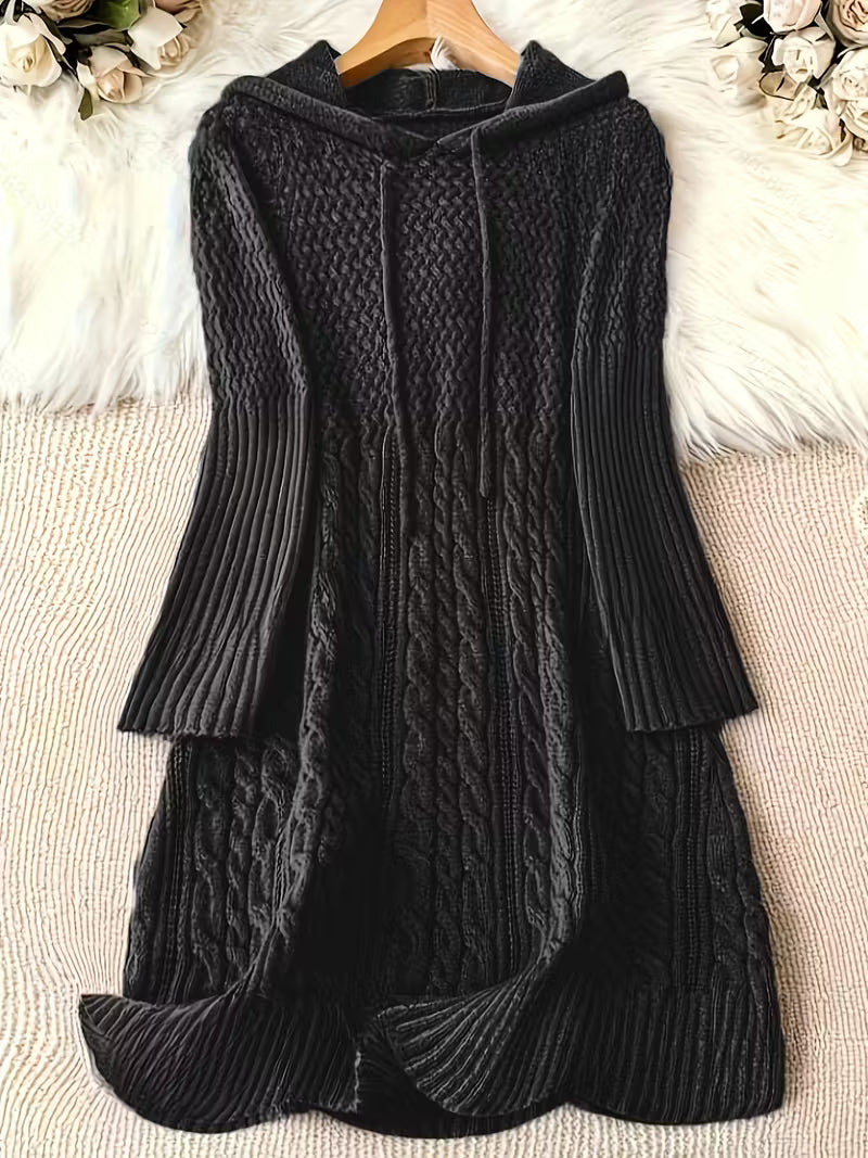 Cardwyn | Women's Hooded Cable Knit Sweater Dress - Dark Grey - Image 2