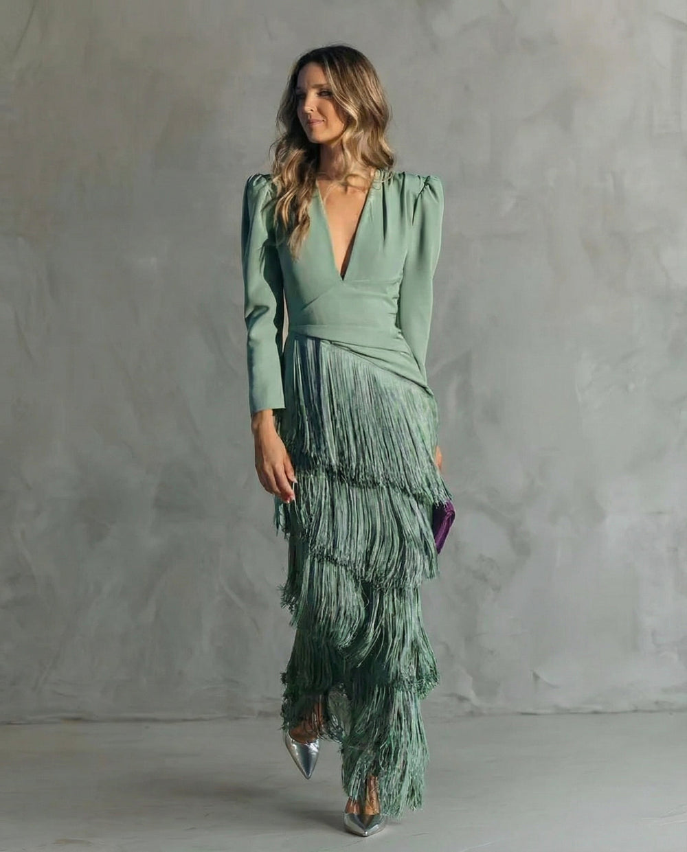 Cassiopeia | Women's V Neck Fringe Maxi Dress - Green - Image 2