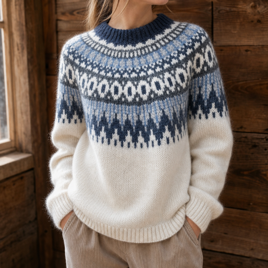 Cavrelle | Women's Fair Isle Knit Sweater Relaxed Fit - Cream - Image 1