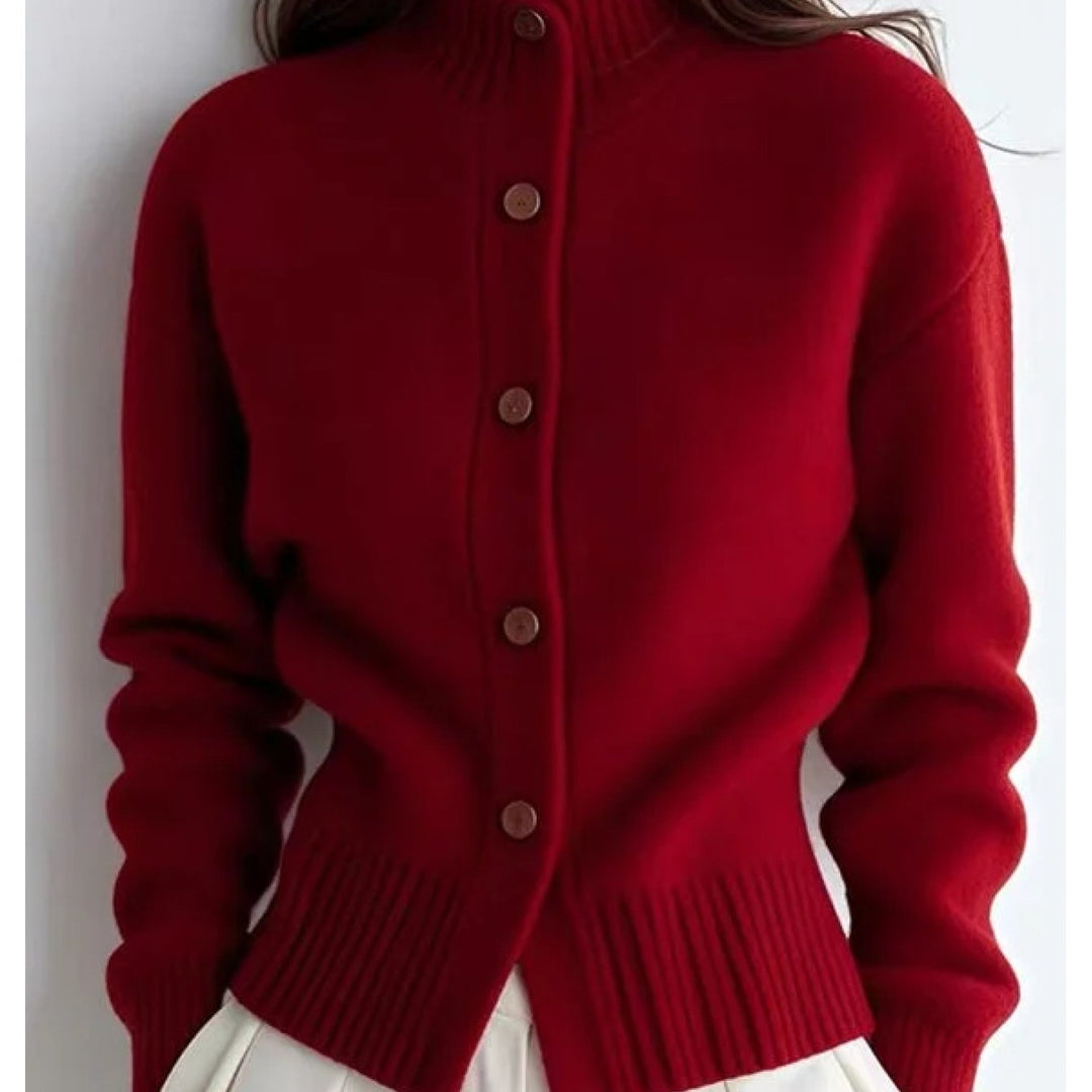 Cavrinda | Women's High-Neck Button Cardigan Sweater - Red - Image 1