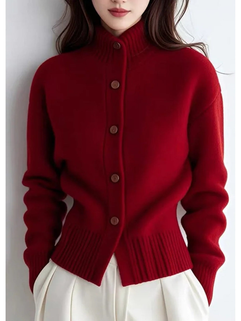 Cavrinda | Women's High-Neck Button Cardigan Sweater - Red - Image 2