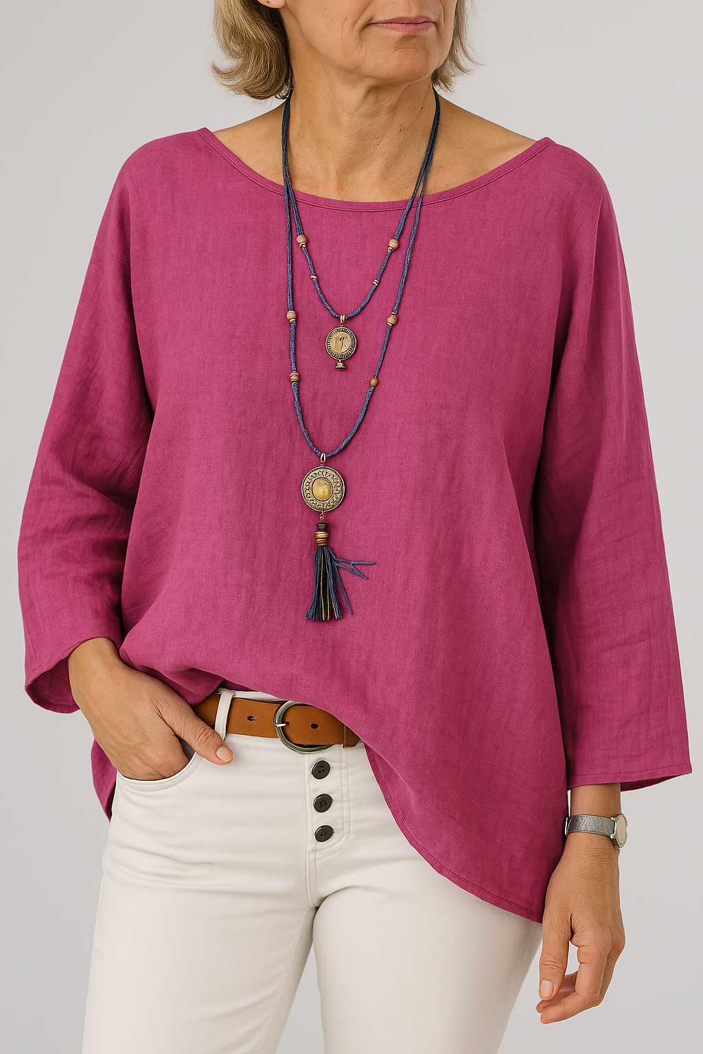 Cavryn | Women's Relaxed Fit Boat Neck Tunic Top - Pink - Image 1