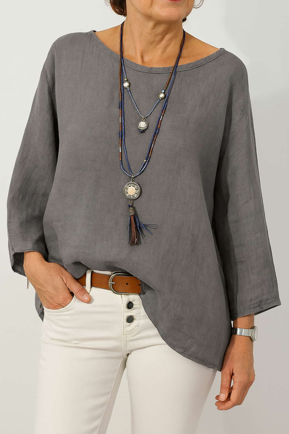 Cavryn | Women's Relaxed Fit Boat Neck Tunic Top - Pink - Image 2