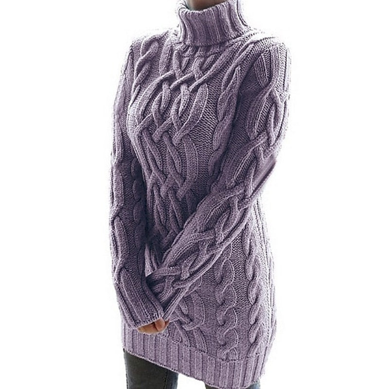 Celvara | Women's Cable Knit Turtleneck Sweater Dress - Lilac - Image 1