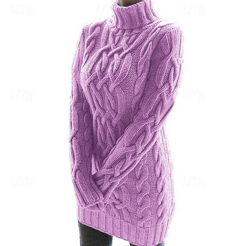 Celvara | Women's Cable Knit Turtleneck Sweater Dress - Lilac - Image 2