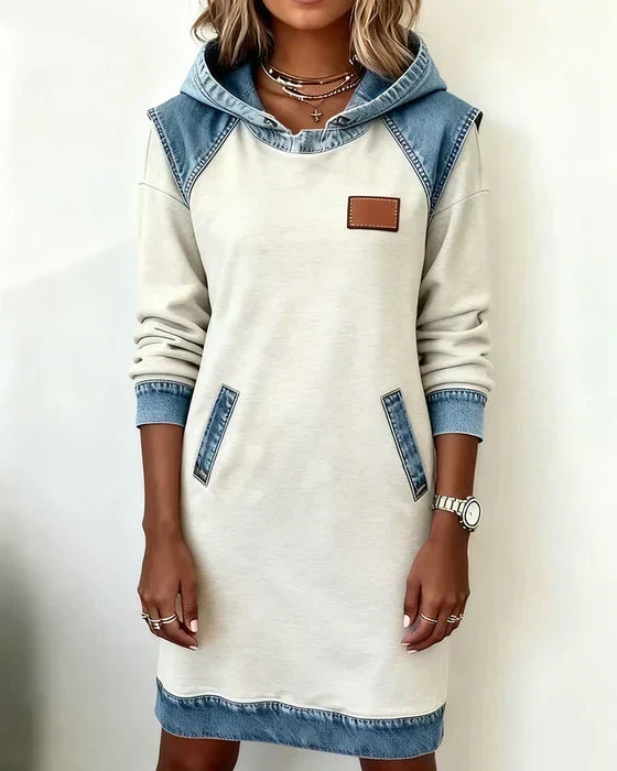 Celvara | Women's Hooded Sweatshirt Midi Dress - Cream - Image 1