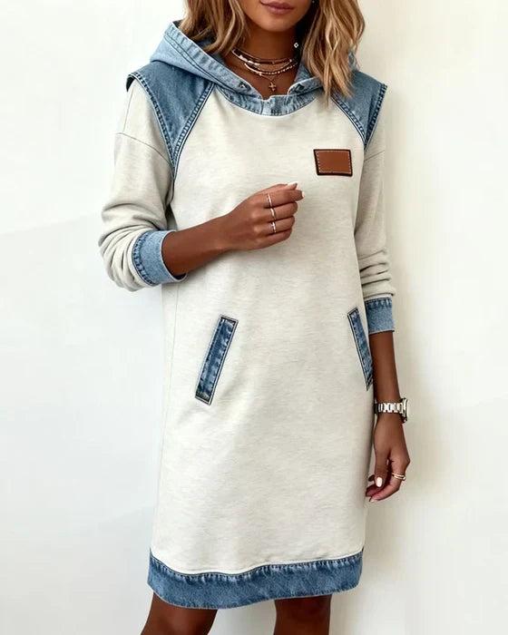 Celvara | Women's Hooded Sweatshirt Midi Dress - Cream - Image 2