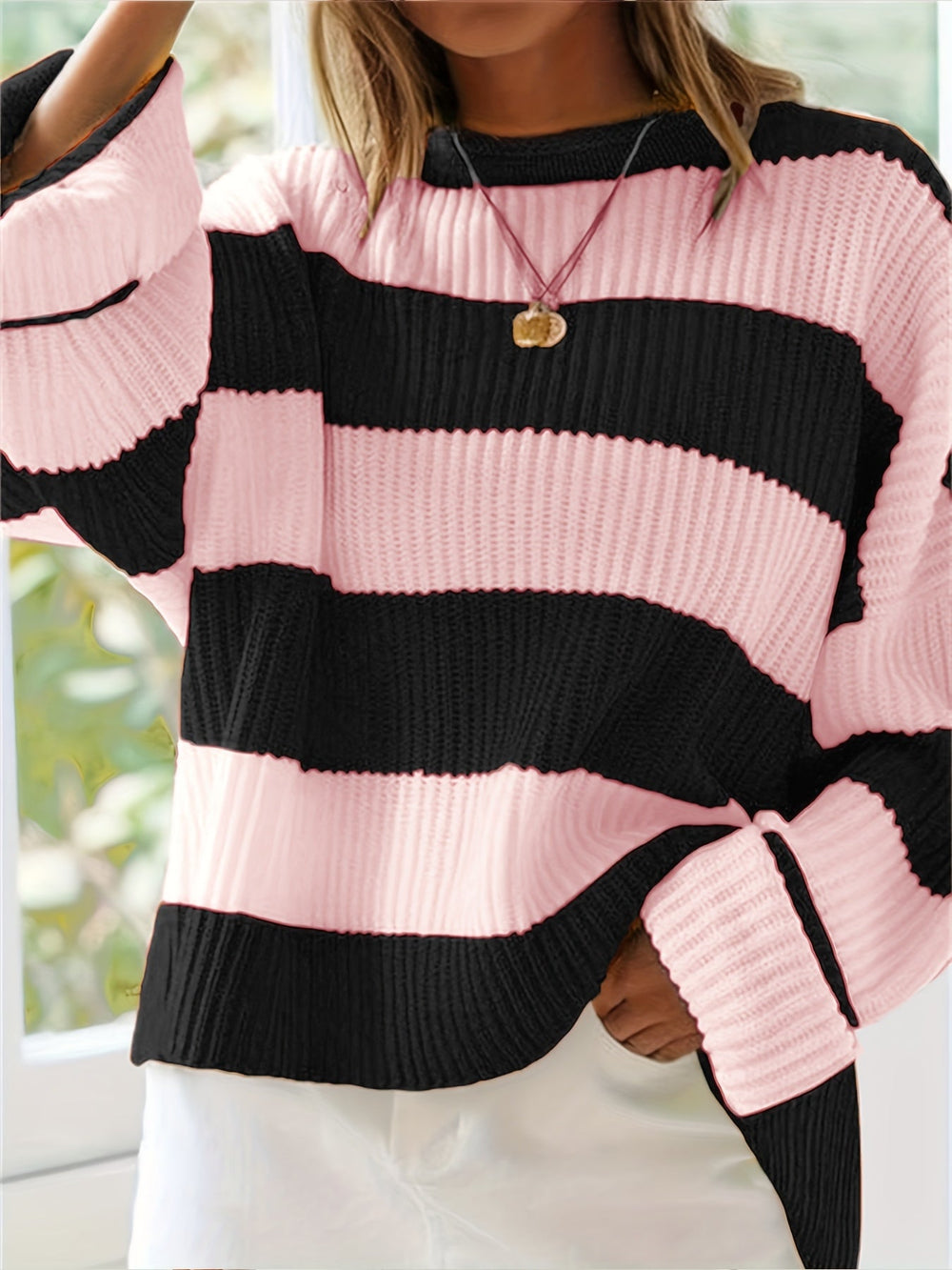 Celvine | Women's Striped Oversized Pullover Sweater - Image 2