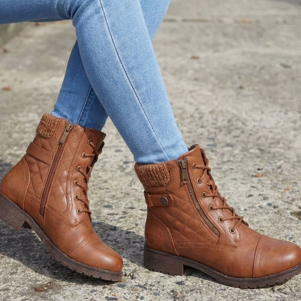 Clarveen | Women's Quilted Lace-Up Ankle Boots - Brown - Image 2